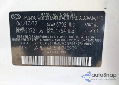 2013 Hyundai Elantra Limited z USA, uszkodzony, nr VIN 5NPDH4AE5DH240939